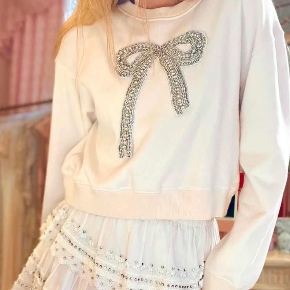 LoveShackFancy Rylan Bow-Embellished Fleece Pullover,  missing a few crystals